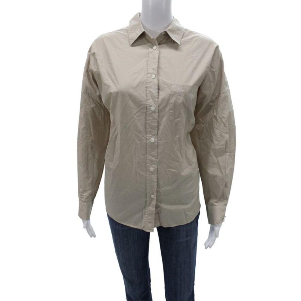 LMND Women Collared Cotton Basic Button-Up Beige Long Sleeve Size M